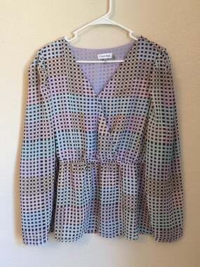 Calvin Klein Women's Plus Size Pastel Checkered Chiffon Faux Wrap Blouse